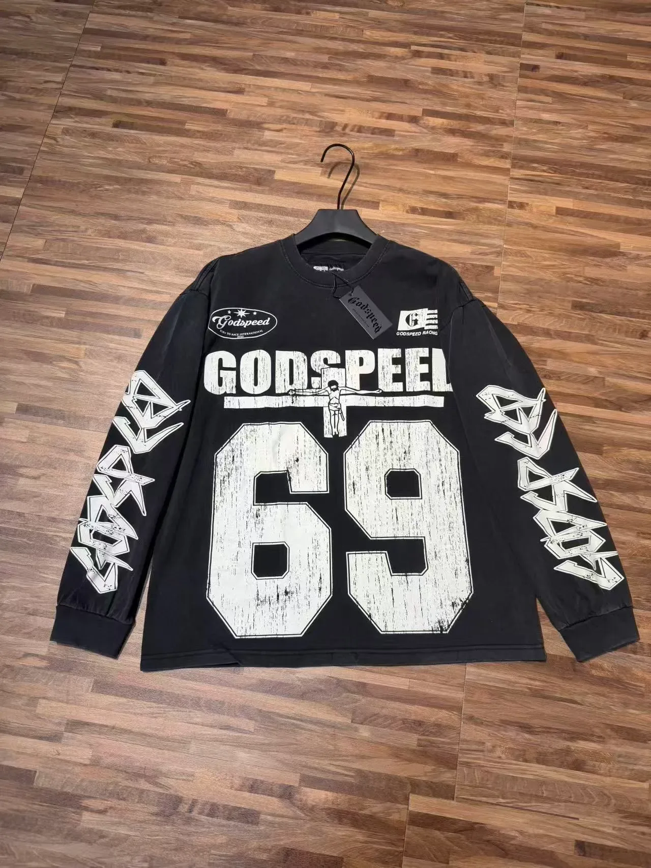 Godspeed Black White Graphic-Print Distressed Typography T-Shirt 7