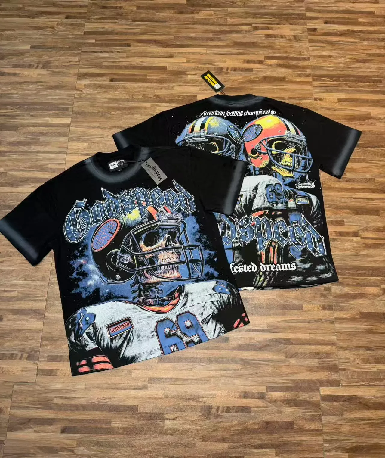 Godspeed Graphic Print Football Helmet Skeleton T-Shirt 2