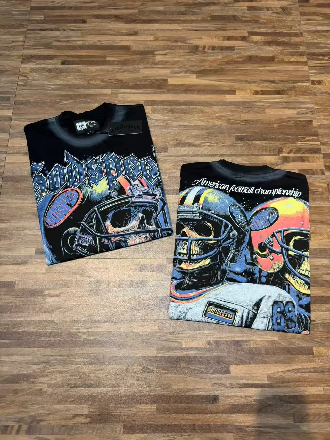 Godspeed Graphic Print Football Helmet Skeleton T-Shirt 3