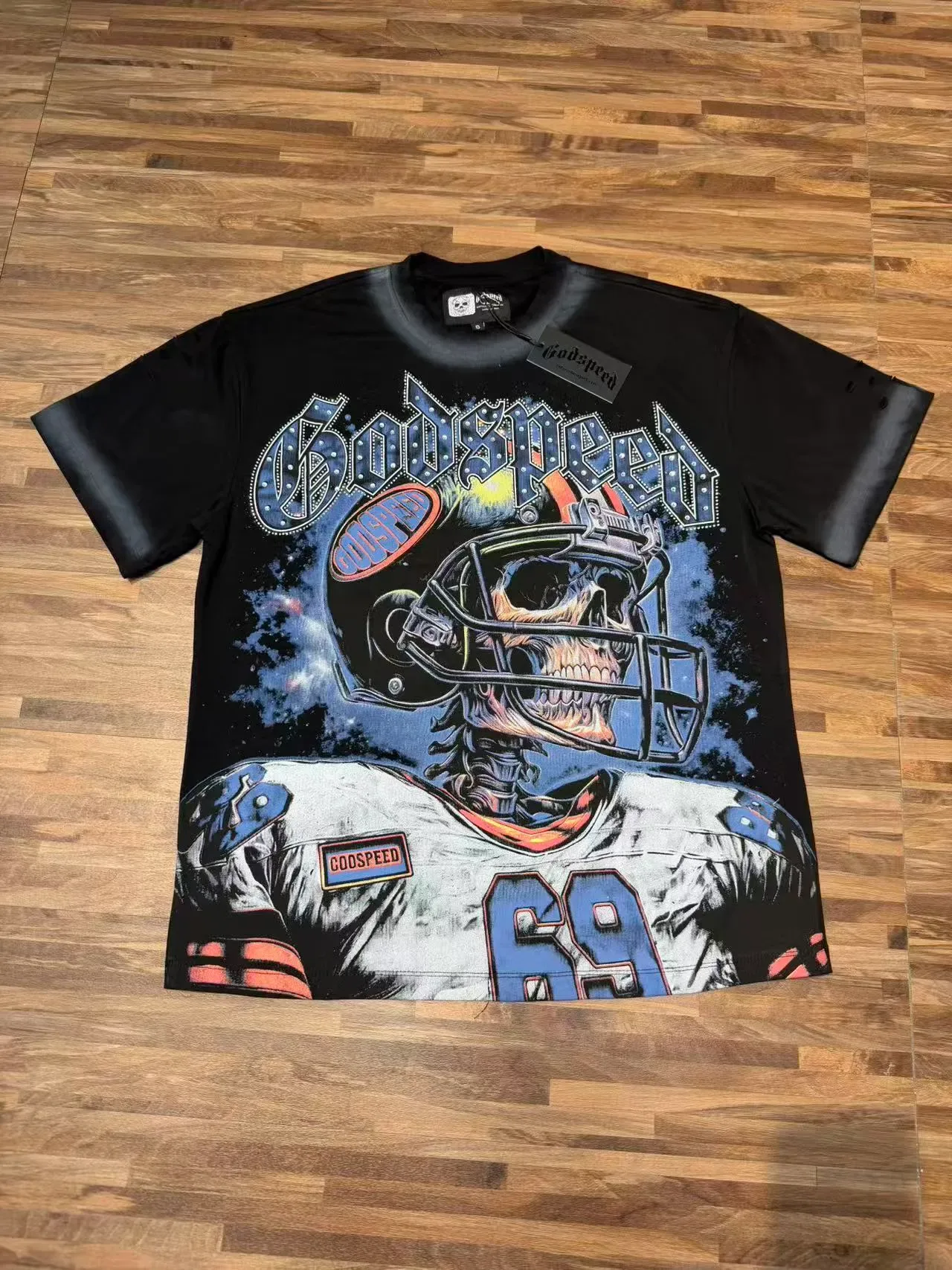 Godspeed Graphic Print Football Helmet Skeleton T-Shirt 4