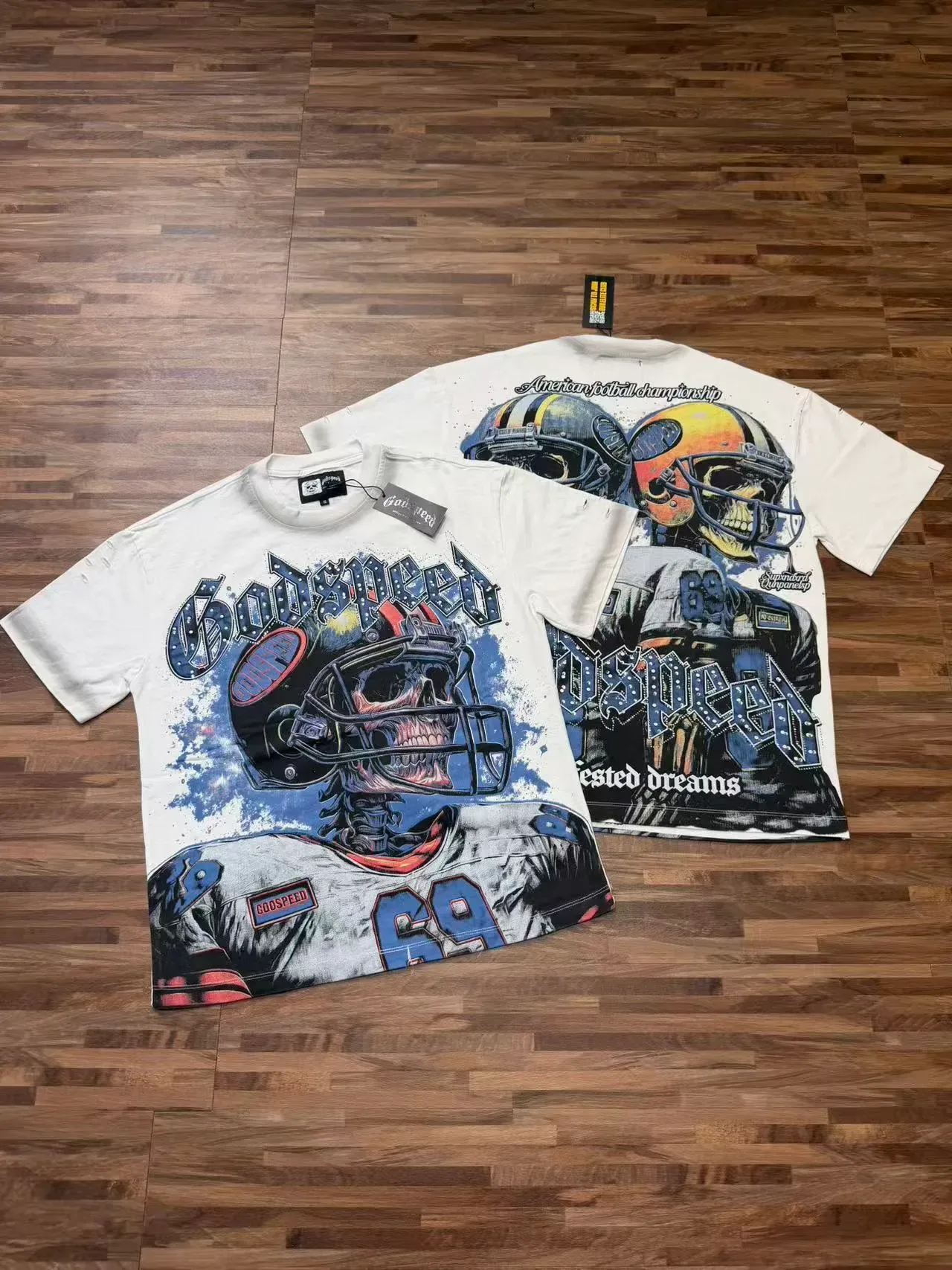 Godspeed Graphic Print Football Helmet Skeleton T-Shirt 6
