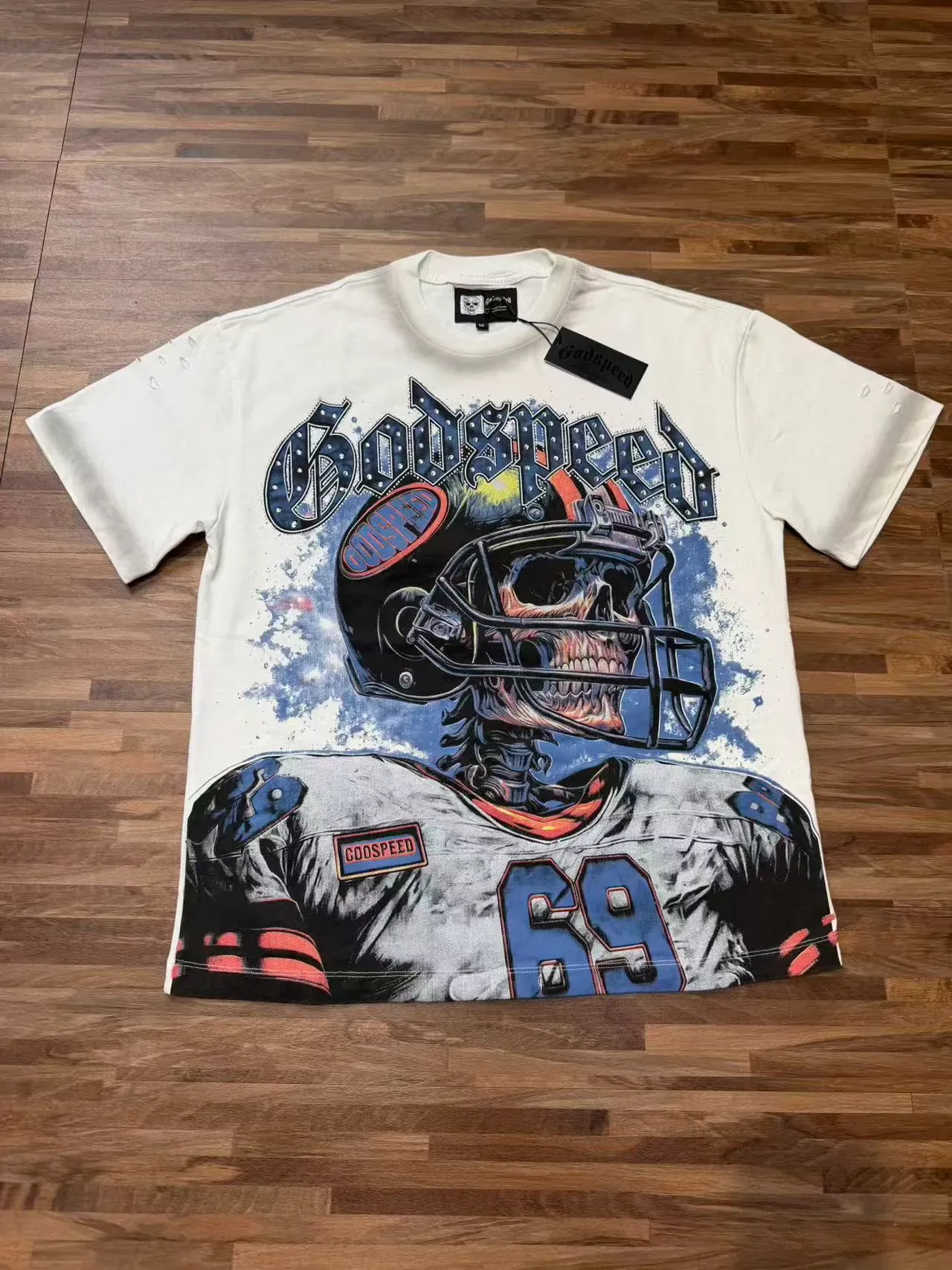 Godspeed Graphic Print Football Helmet Skeleton T-Shirt 7