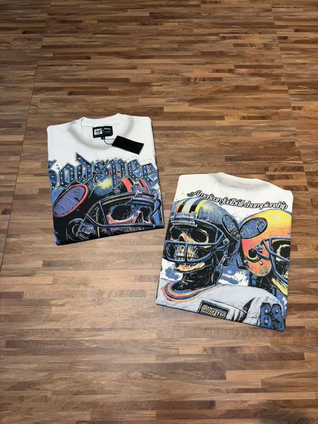 Godspeed Graphic Print Football Helmet Skeleton T-Shirt 9