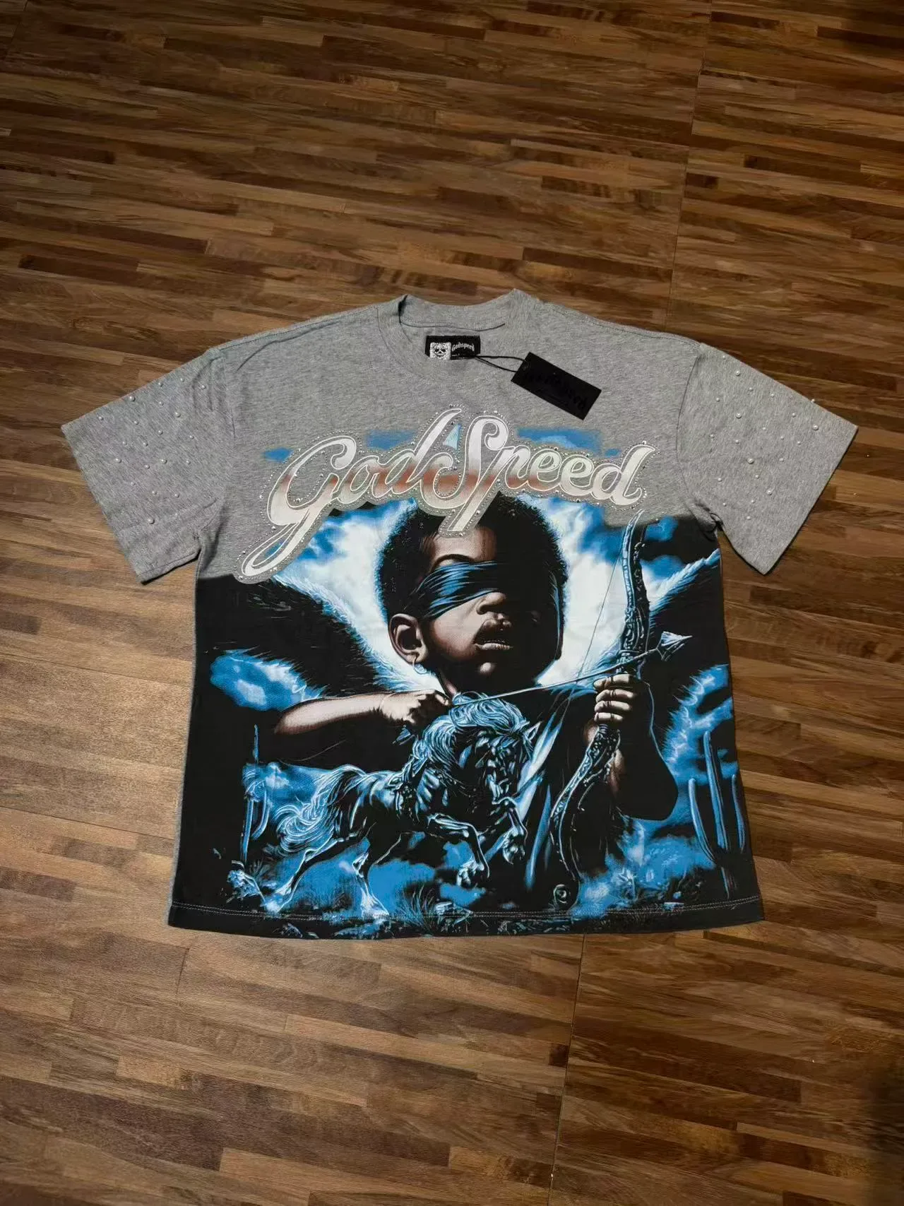 Godspeed Graphic Print Rhinestone Sleeve T-Shirt 4
