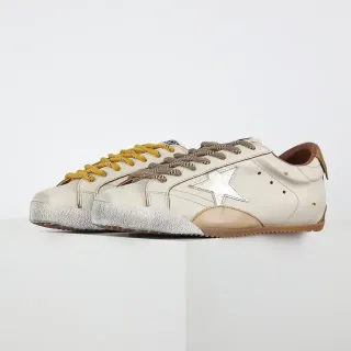 Golden Goose Superstar Beige Silver Distressed Leather Metallic Star Logo Lifestyle Sneakers