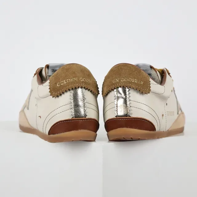 Golden Goose Superstar Bege Prata Couro Desgastado Logotipo Estrela Metálico Sneakers Lifestyle 8