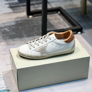 Golden Goose Superstar White Brown Distressed Rubber Sole Metallic Star Patch Lifestyle Sneakers