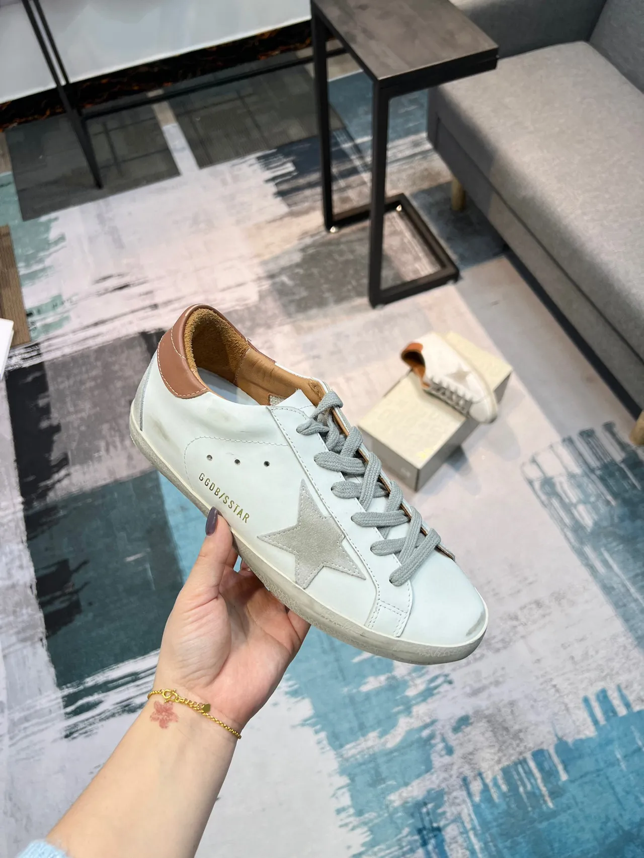 Golden Goose Superstar Tênis Lifestyle Branco Marrom Sola de Borracha Distressed Patch Estrela Metálica 6