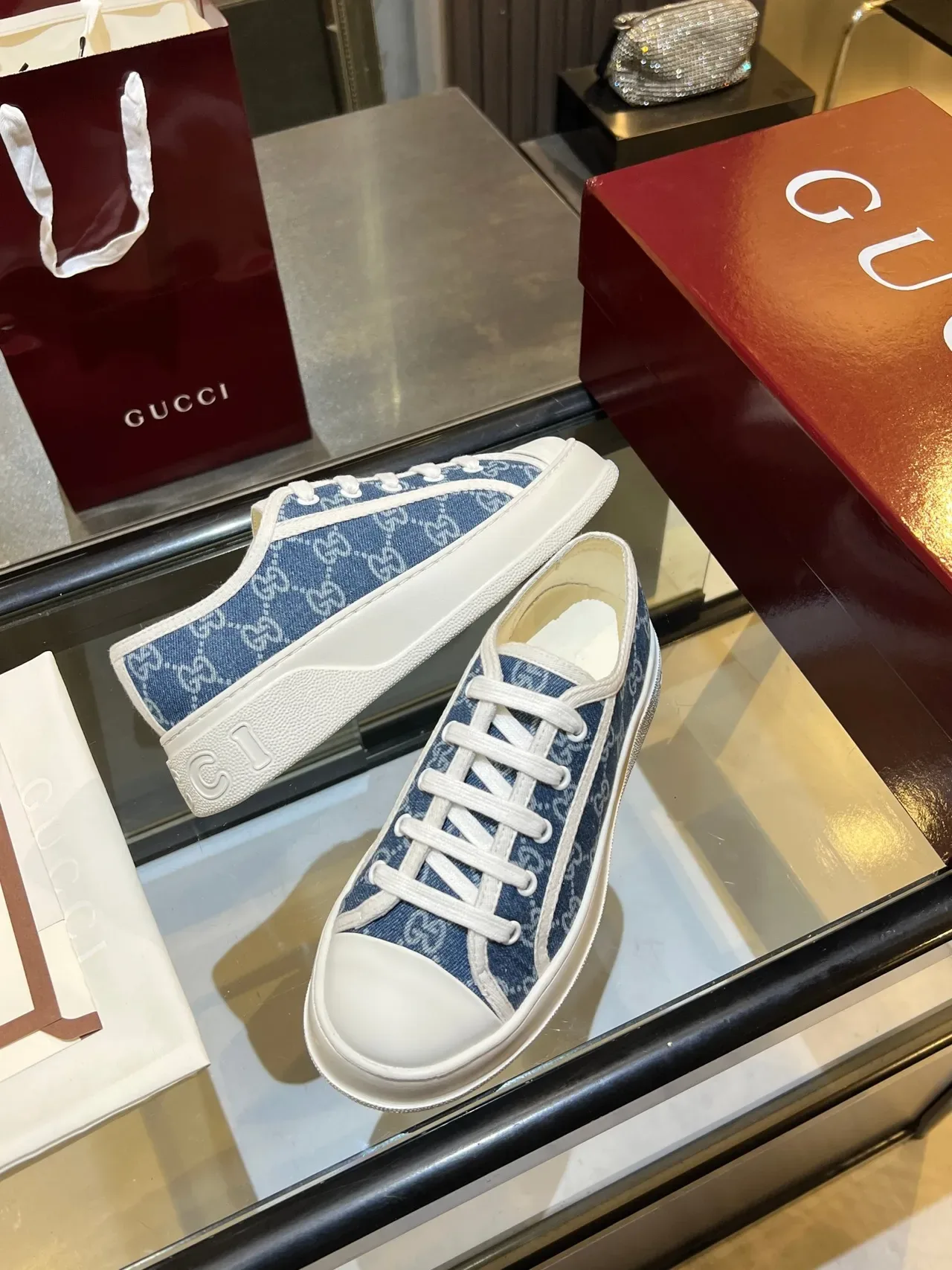 Gucci Ace GG Monogram Canvas Blue and White Lifestyle Sneakers 3