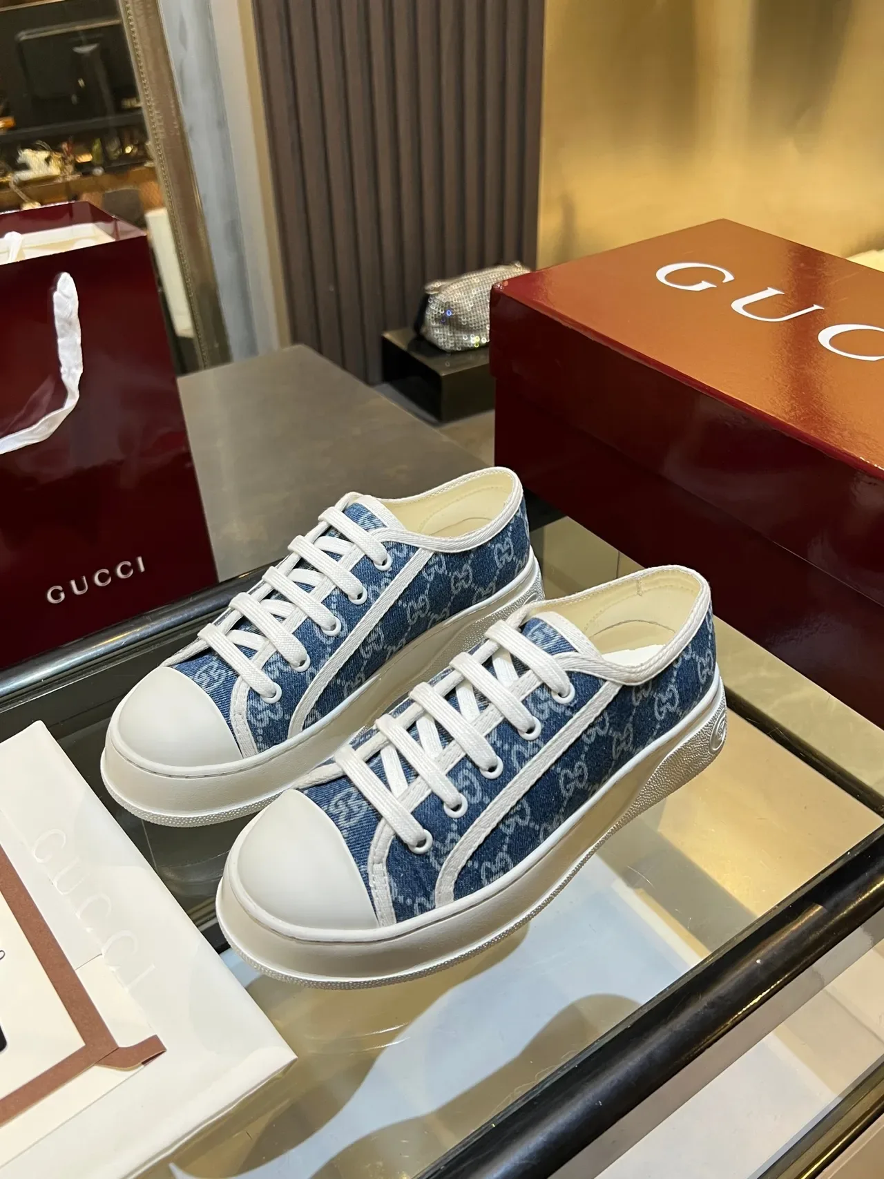 Gucci Ace GG Monogram Canvas Blue and White Lifestyle Sneakers 4