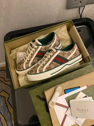 Gucci Ace GG Monogram Canvas Green-Trimmed Lifestyle Sneakers 5