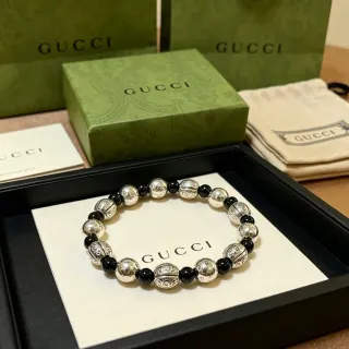 Gucci Beaded Engraved Silver and Black Bracelet