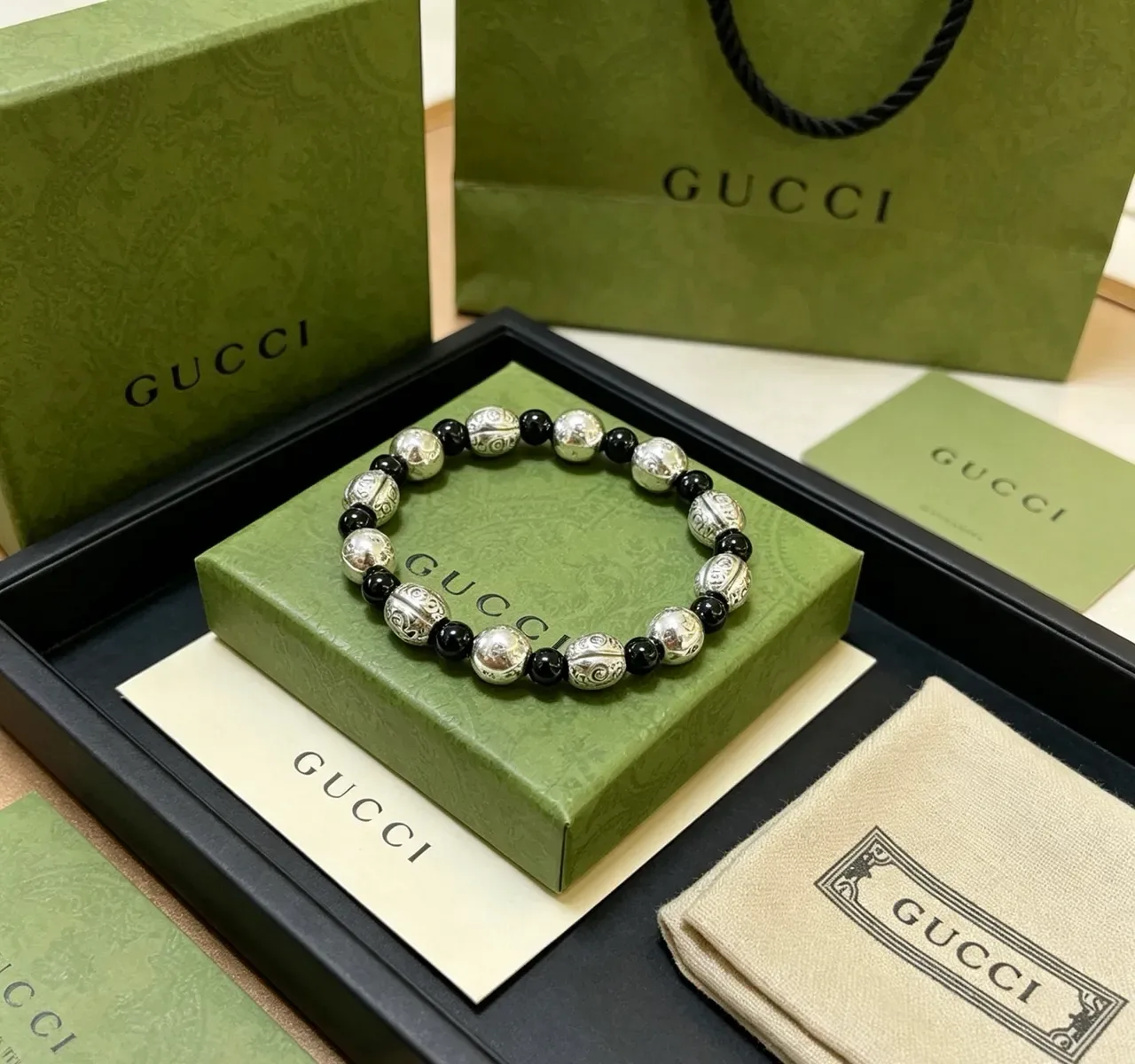 Gucci Beaded Engraved Silver and Black Bracelet 2