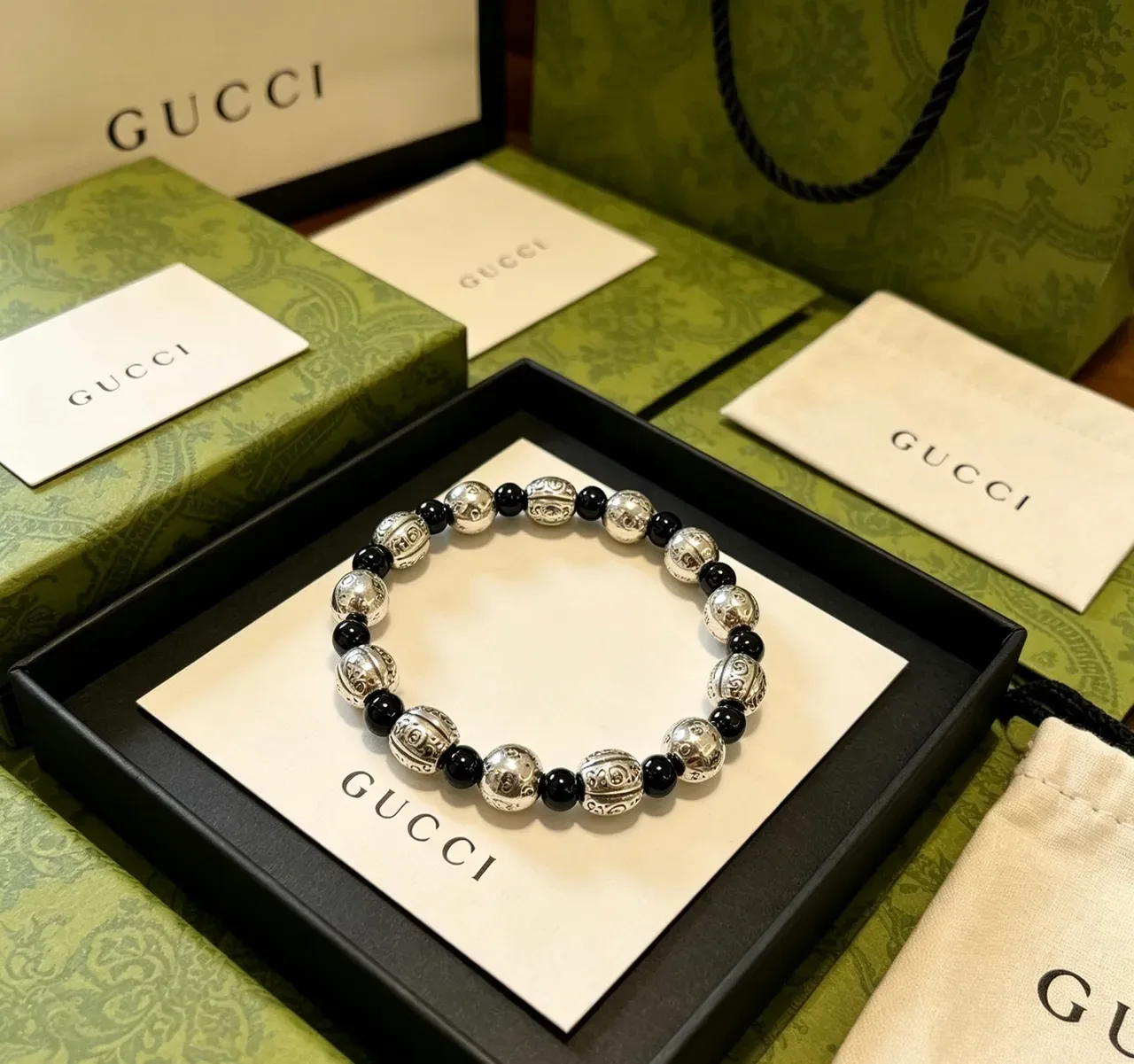 Gucci Beaded Engraved Silver and Black Bracelet 4