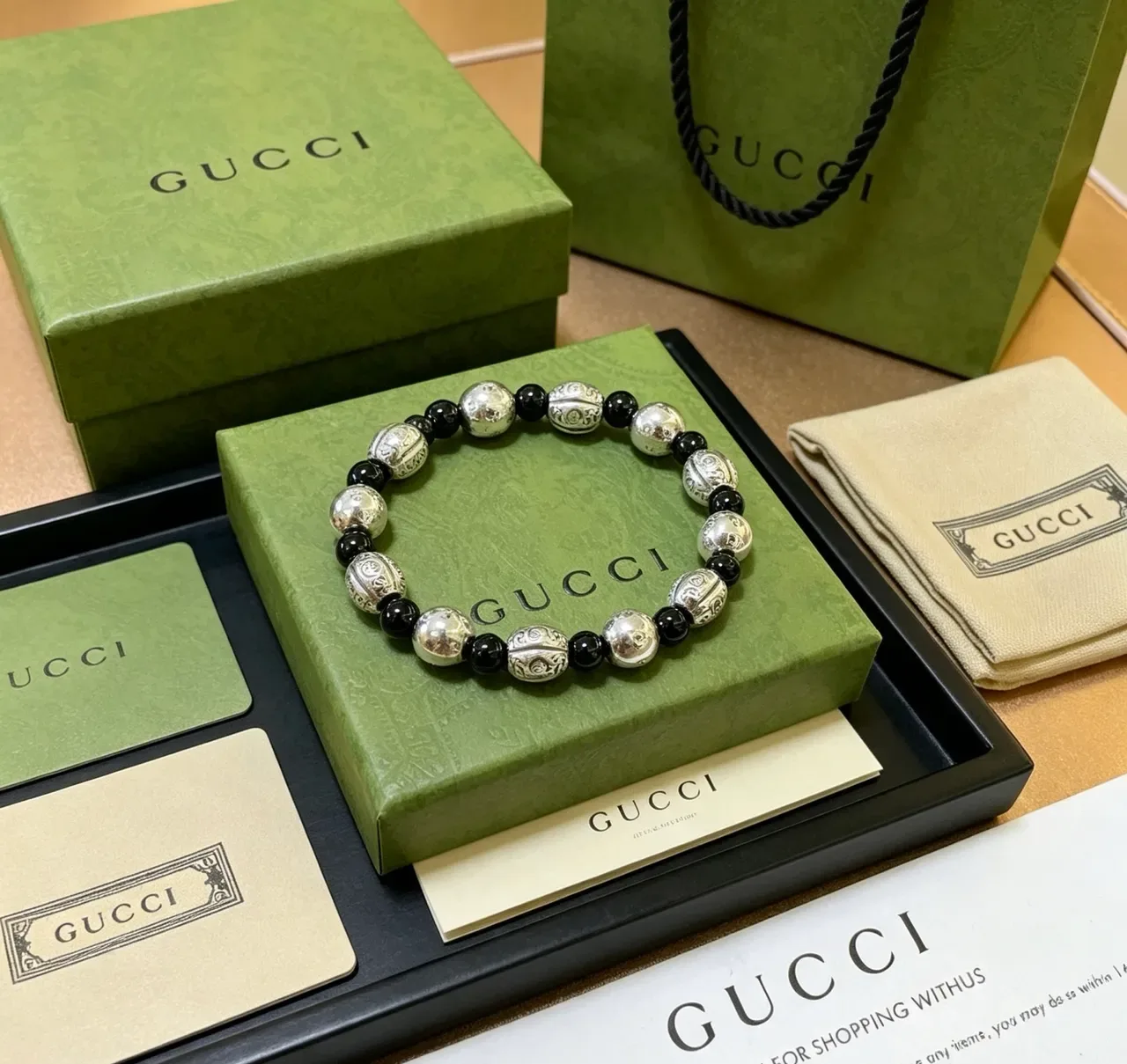 Gucci Beaded Engraved Silver and Black Bracelet 6