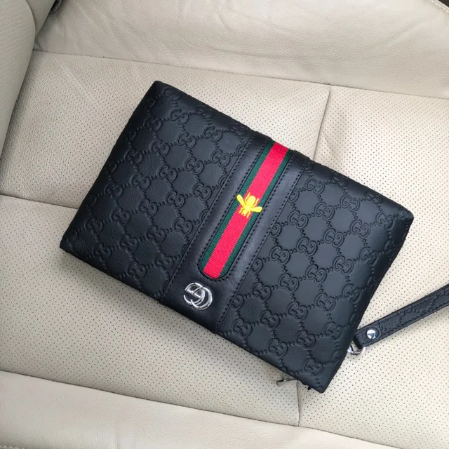 Gucci Bee Black Red GG Supreme Embossed Leather Web Stripe Center Panel Wristlet 7