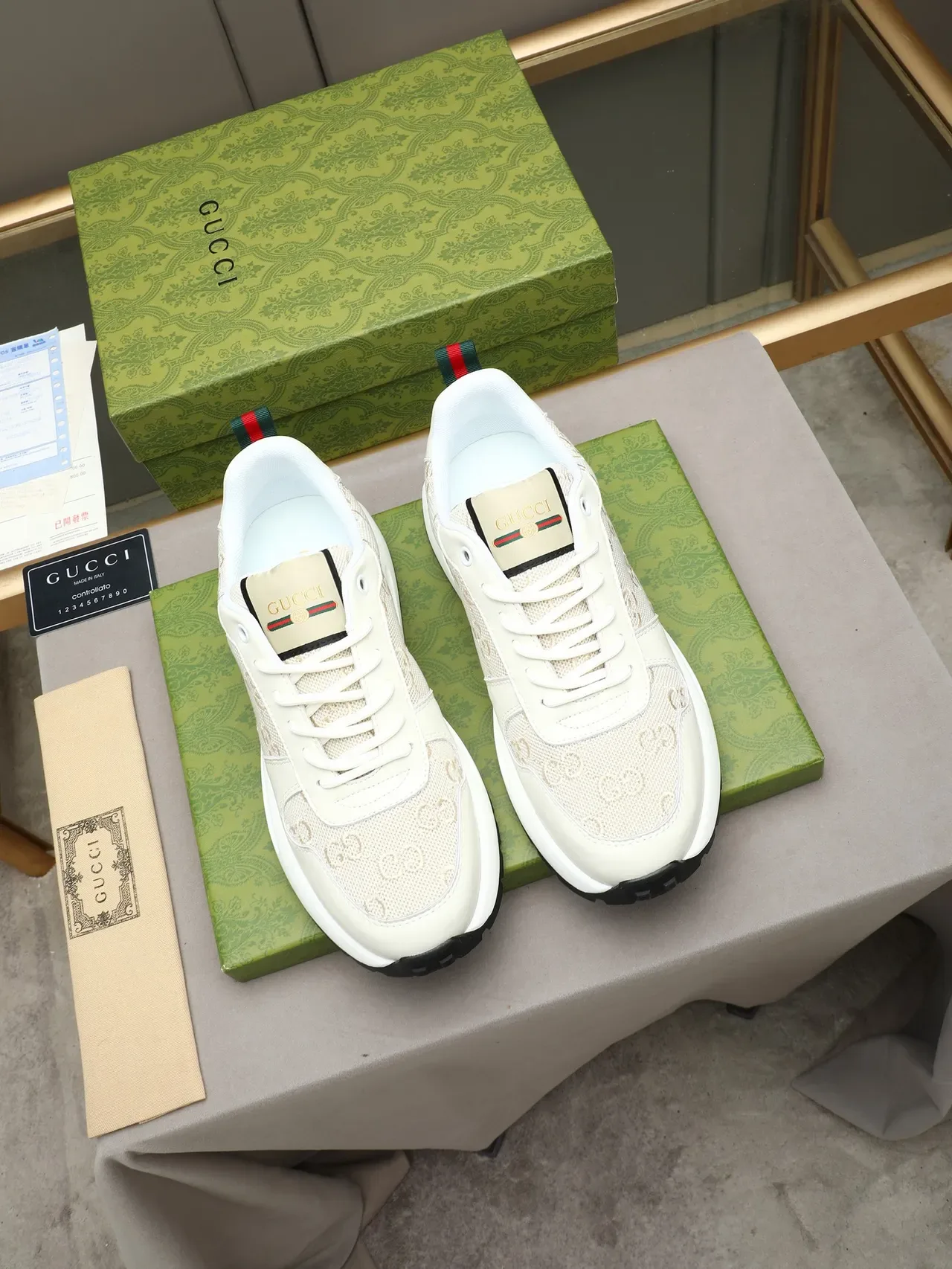 Gucci Beige Noir GG Monogram Maille Cuir et Textil Partie Supérieure Sneakers Lifestyle 2