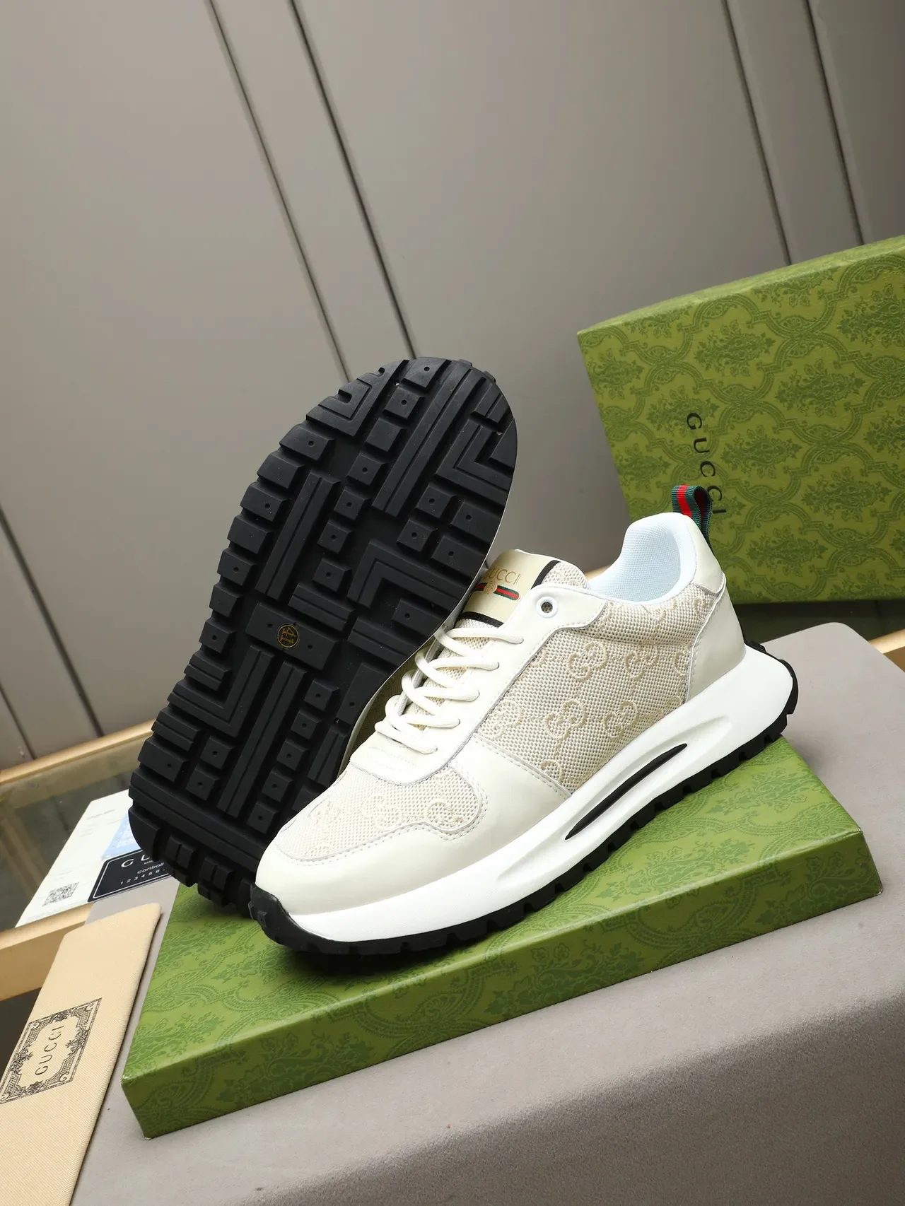 Gucci Beige Noir GG Monogram Maille Cuir et Textil Partie Supérieure Sneakers Lifestyle 3