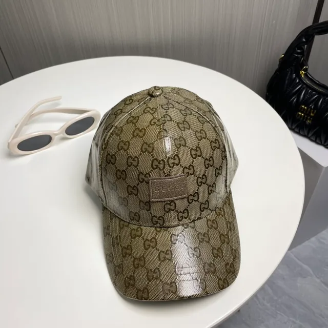 Casquette de baseball Gucci beige marron GG monogramme toile cuir plaque marque 6