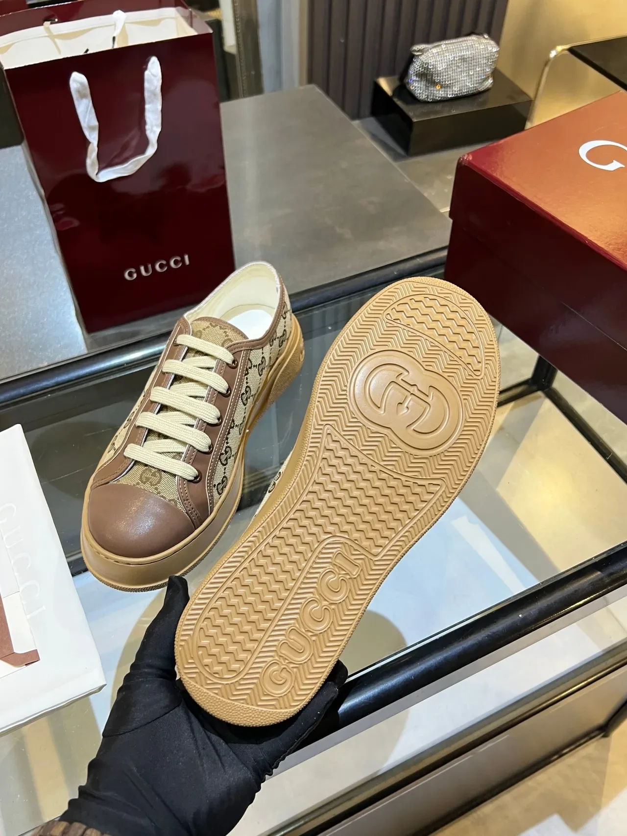 Gucci Beige Brown GG Monogram Canvas Leather Toe Cap Lifestyle Sneakers 2