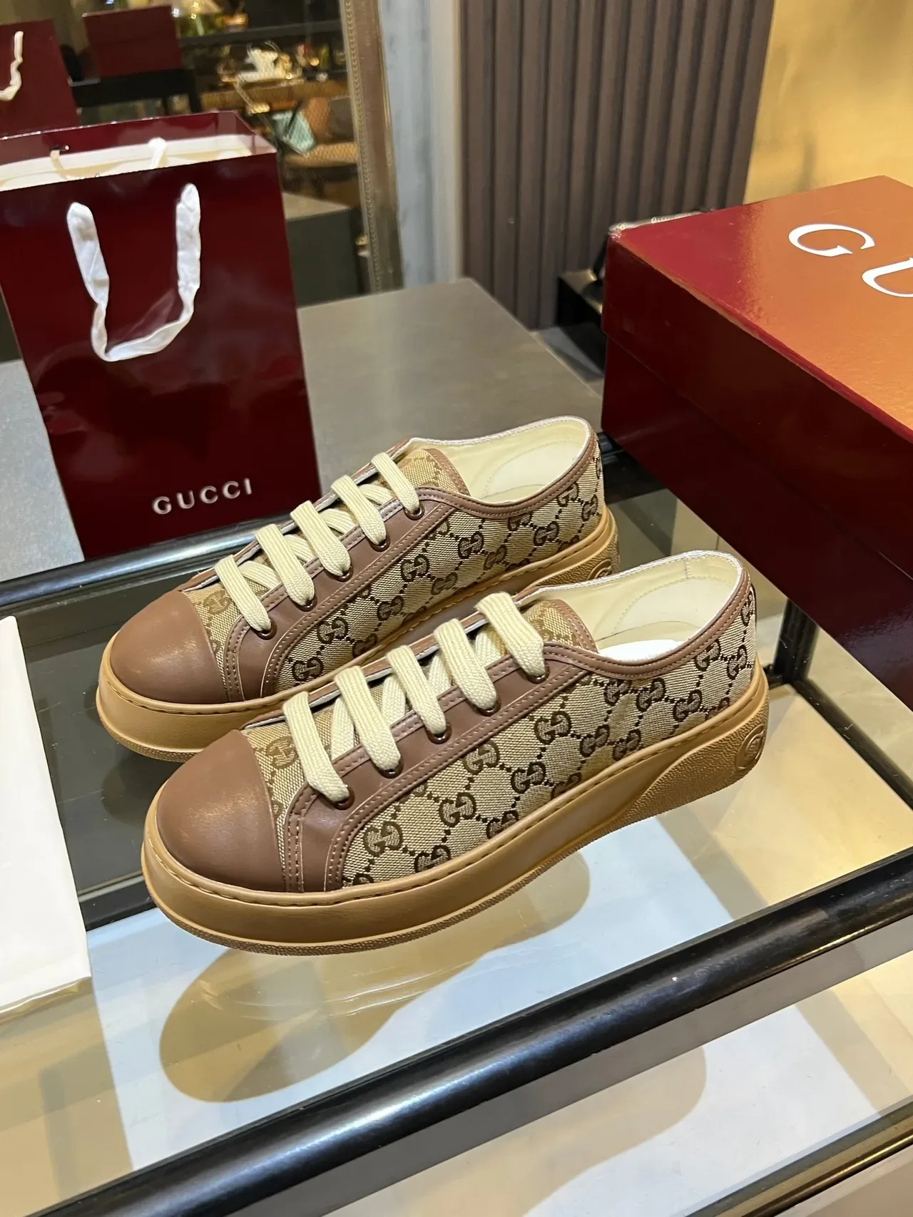 Gucci Beige Brown GG Monogram Canvas Leather Toe Cap Lifestyle Sneakers 3