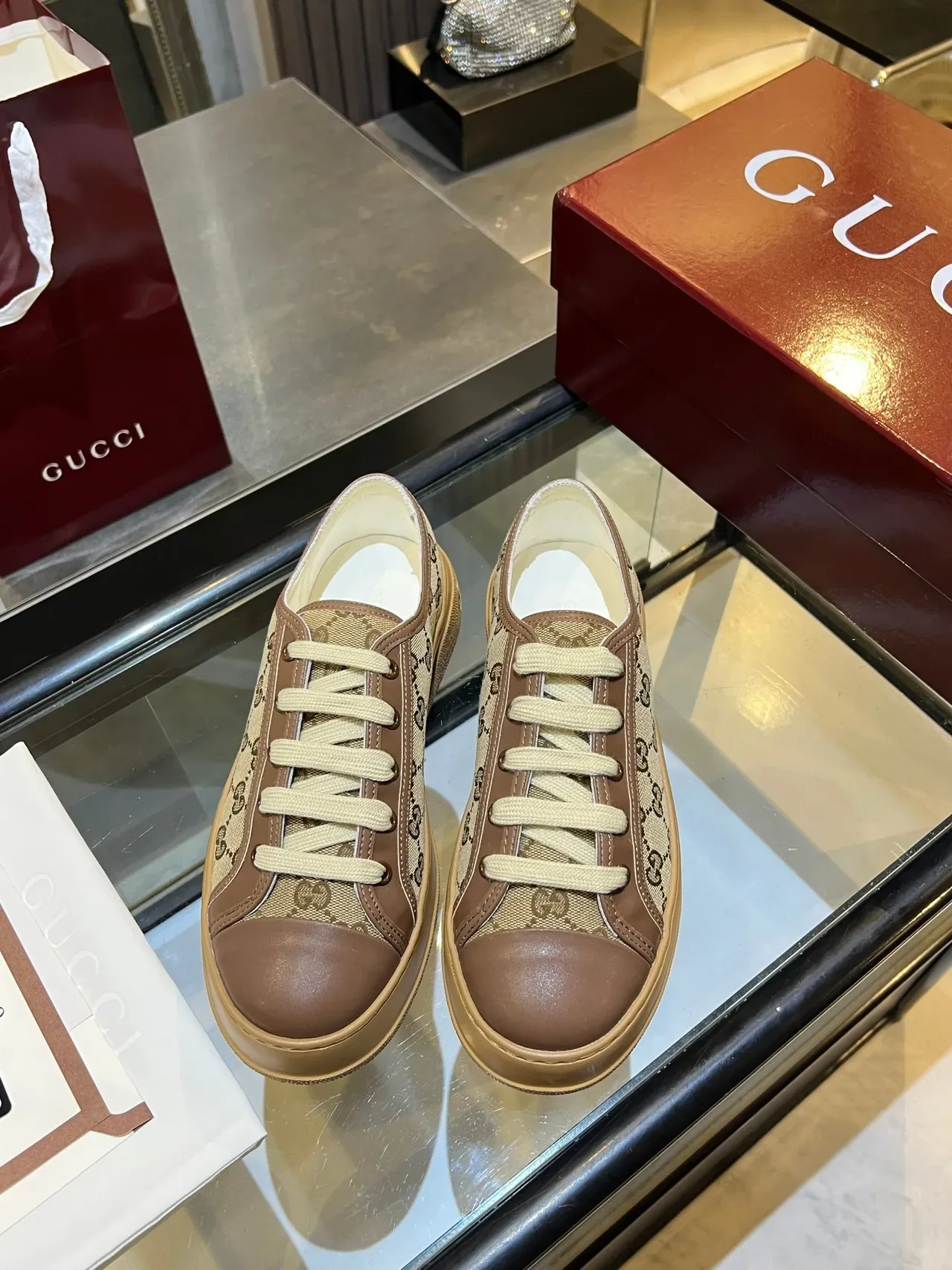 Gucci Beige Brown GG Monogram Canvas Leather Toe Cap Lifestyle Sneakers 4