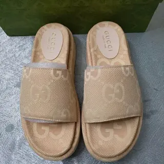 Gucci Beige GG Monogram Jacquard Single-Strap Slide Slippers