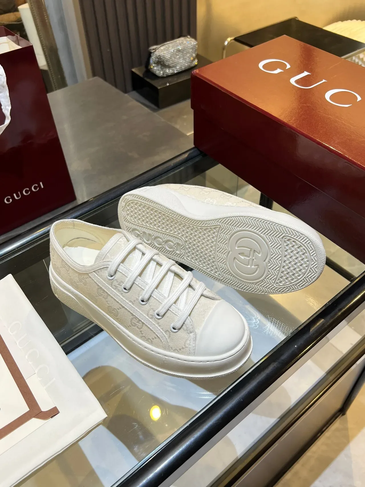 Gucci Beige GG Monogram Jacquard Sola Plataforma Superior Tênis Lifestyle 2