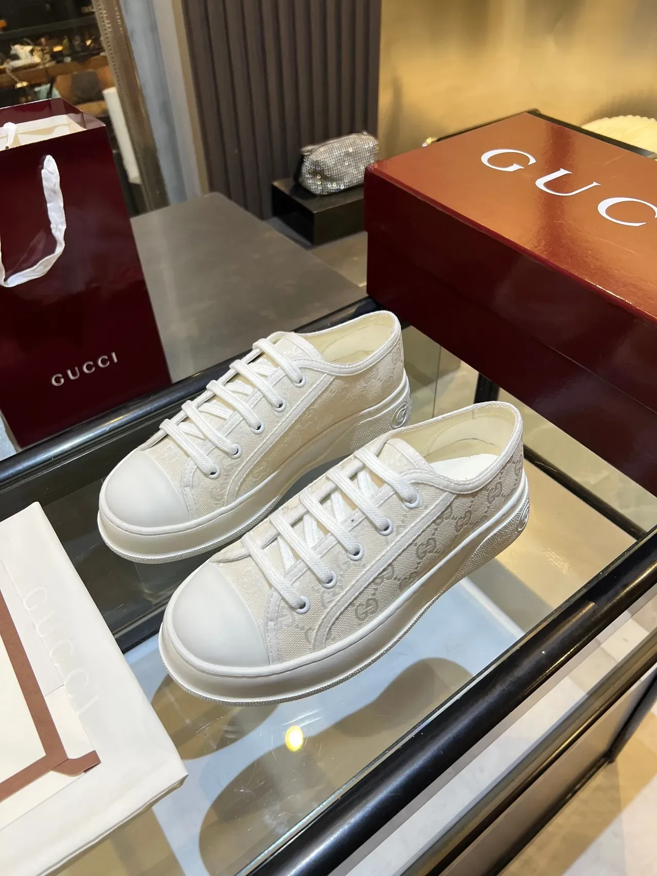 Gucci Beige GG Monogram Jacquard Sola Plataforma Superior Tênis Lifestyle 4