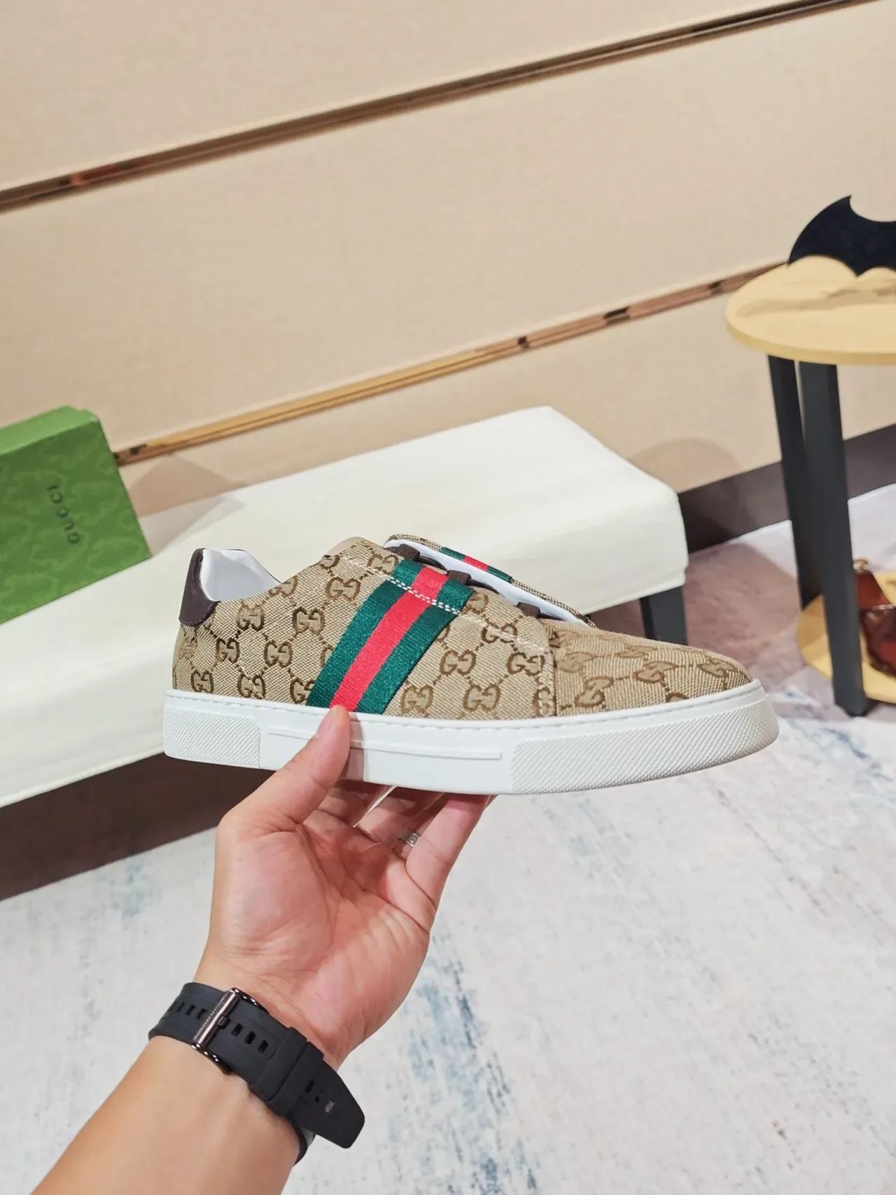 Gucci Beige Green GG Supreme Canvas Web Stripe Side Panel Lifestyle Sneakers 4