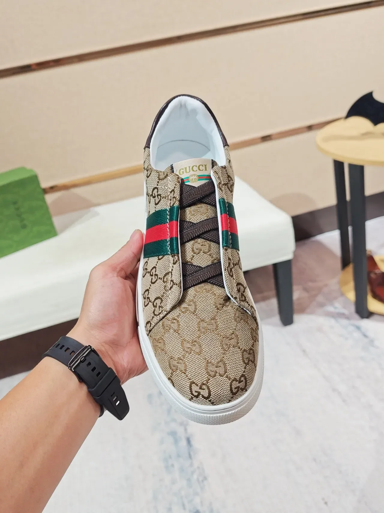Gucci Beige Green GG Supreme Canvas Web Stripe Side Panel Lifestyle Sneakers 5