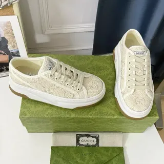 Gucci Beige White Embroidered Monogram Upper Platform Sole Lifestyle Sneakers