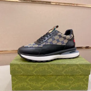 Gucci أحذية رياضية أسلوب حياة أسود بيج GG Monogram كانفاس جلد تراكب