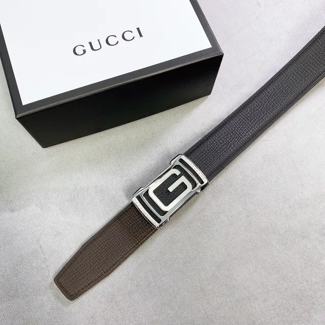 Gucci Black Brown Textured Interlocking G Buckle Leather Belt 2
