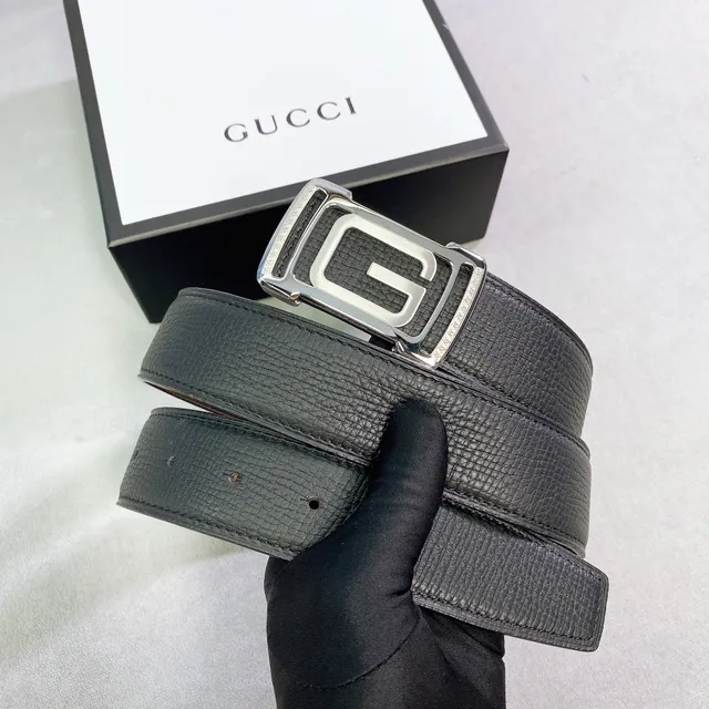 Gucci Black Brown Textured Interlocking G Buckle Leather Belt 5