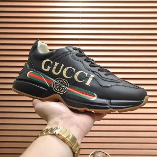 Gucci Black Gold Chunky Sole Leather Upper Lifestyle Sneakers