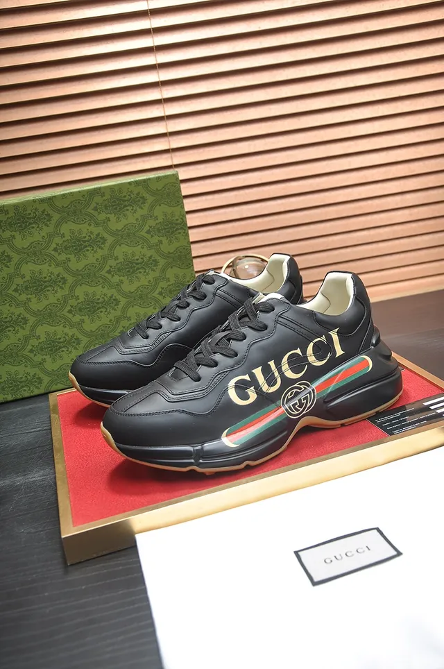 Gucci Black Gold Chunky Sole Leather Upper Lifestyle Sneakers 3