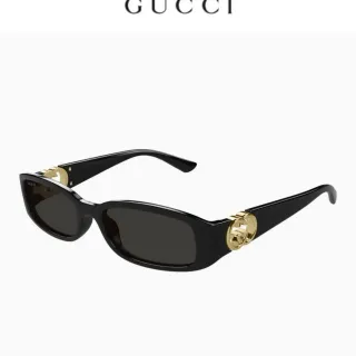 Gucci Black Gold Rectangular Narrow Frame Glossy Acetate Sunglasses