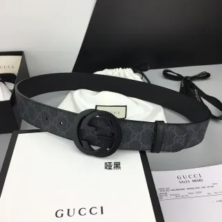 Gucci কালো ধূসর GG Monogram ক্যানভাস ম্যাট Interlocking G Buckle লেদার বেল্ট