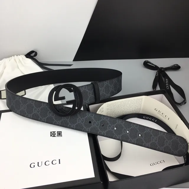 Gucci কালো ধূসর GG Monogram ক্যানভাস ম্যাট Interlocking G Buckle লেদার বেল্ট 2