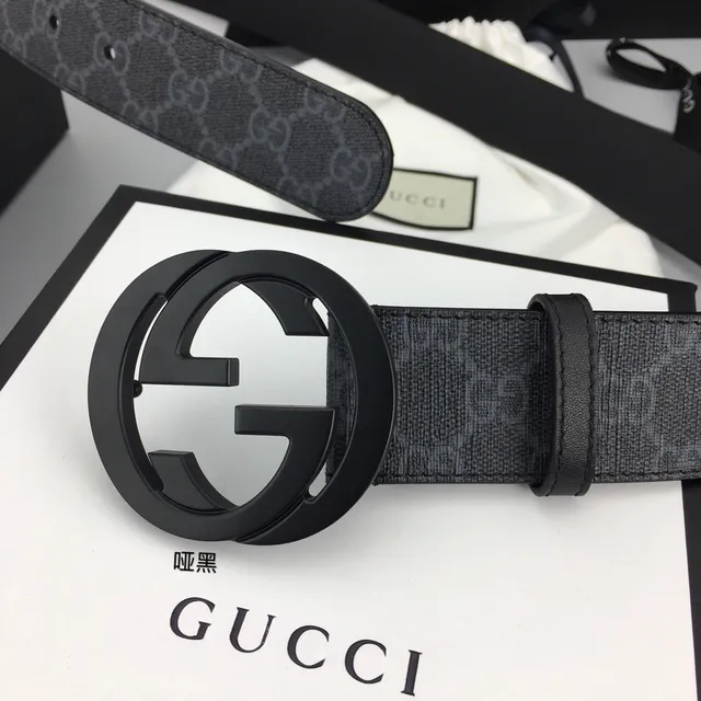 Gucci কালো ধূসর GG Monogram ক্যানভাস ম্যাট Interlocking G Buckle লেদার বেল্ট 3