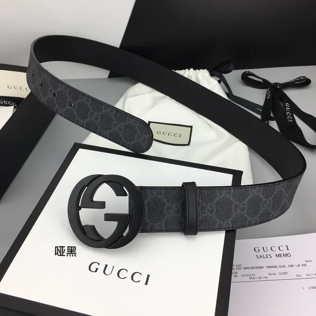Gucci কালো ধূসর GG Monogram ক্যানভাস ম্যাট Interlocking G Buckle লেদার বেল্ট 4