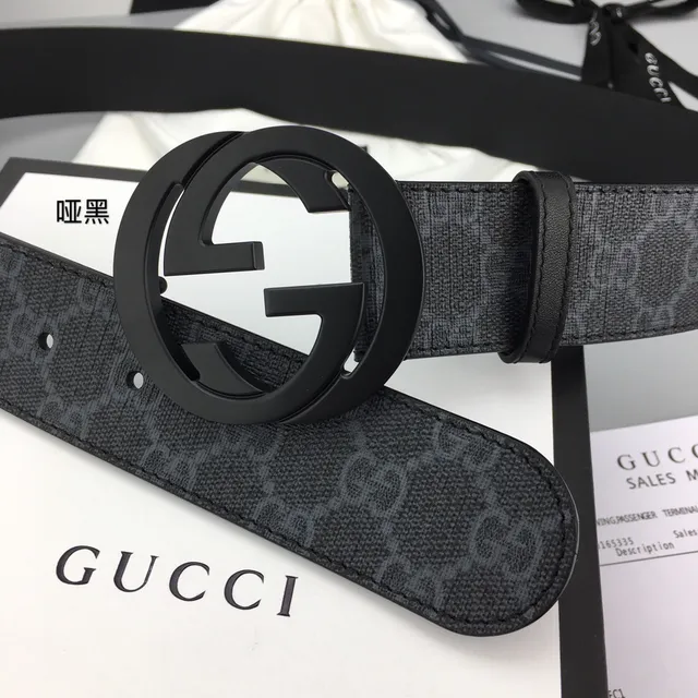 Gucci কালো ধূসর GG Monogram ক্যানভাস ম্যাট Interlocking G Buckle লেদার বেল্ট 5