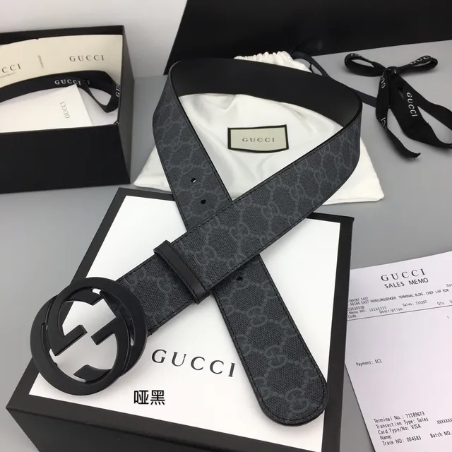 Gucci কালো ধূসর GG Monogram ক্যানভাস ম্যাট Interlocking G Buckle লেদার বেল্ট 6
