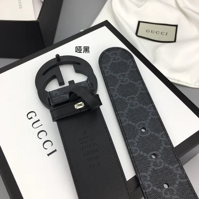 Gucci কালো ধূসর GG Monogram ক্যানভাস ম্যাট Interlocking G Buckle লেদার বেল্ট 8