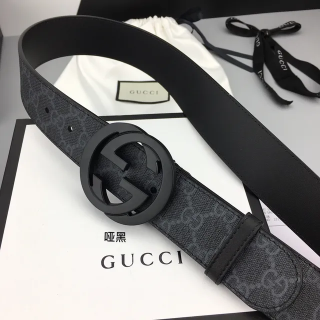 Gucci কালো ধূসর GG Monogram ক্যানভাস ম্যাট Interlocking G Buckle লেদার বেল্ট 9