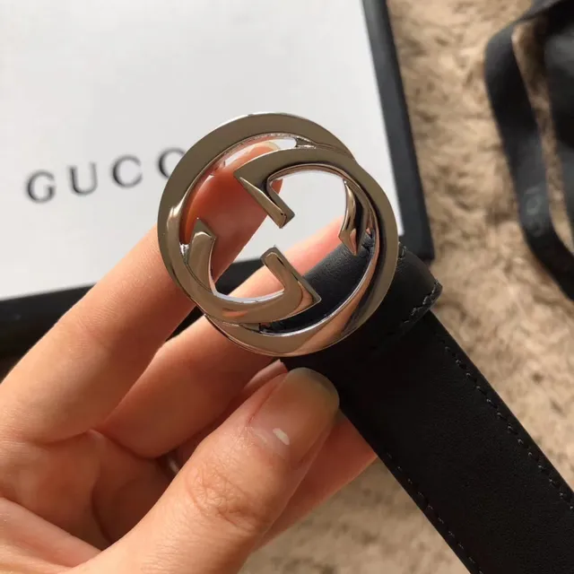 Gucci 黑粉 可翻转 镀金 interlocking G 扣头 皮带 13