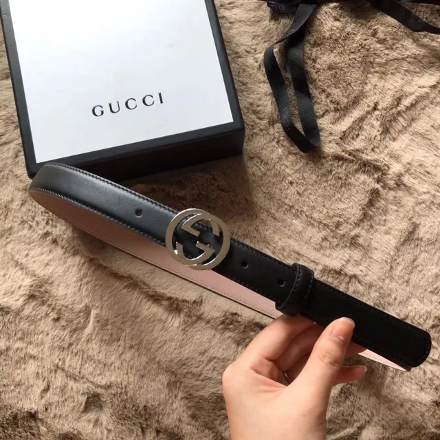 Gucci 黑粉 可翻转 镀金 interlocking G 扣头 皮带 14
