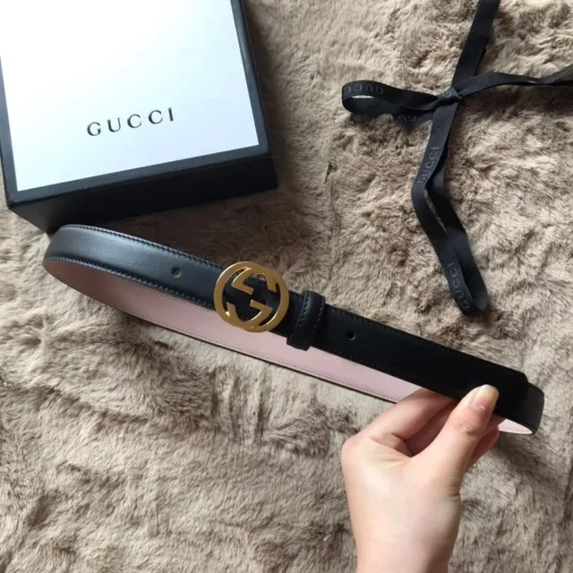 Gucci 黑粉 可翻转 镀金 interlocking G 扣头 皮带 15