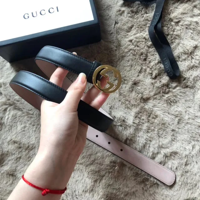 Gucci 黑粉 可翻转 镀金 interlocking G 扣头 皮带 16